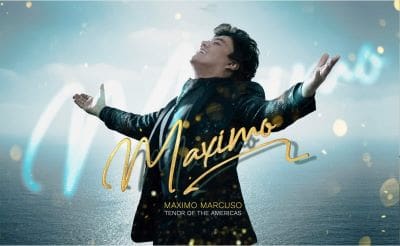 Man with arms outstretched under a snowy sky, text overlay 'Maxims'.
