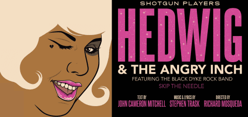 Illustration of a woman singing with event details for Hedwig & The Angry Inch.