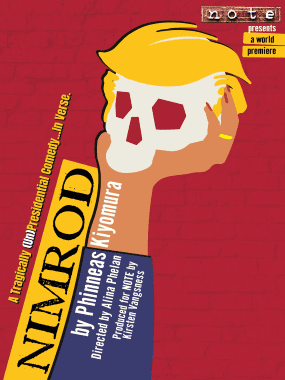 A stylized poster with a skull and bold text in Spanish about a political figure.