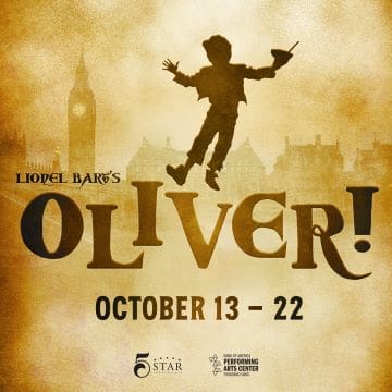 Promotional poster for the musical Oliver! featuring a silhouette of a boy and Big Ben.