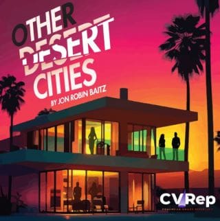 Silhouetted people in a modern house at sunset with palm trees nearby.