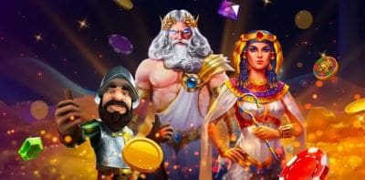 Three mythical characters with vibrant costumes and glowing elements.