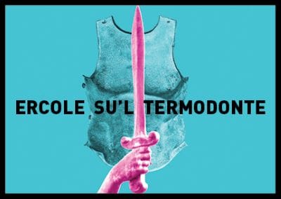 A hand holds a pink sword against a blue-green torso background with text.