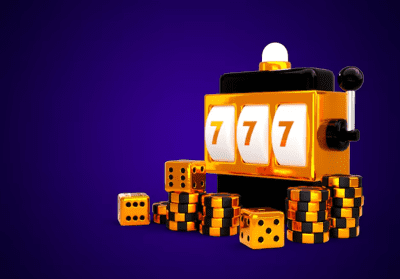 A slot machine showing triple sevens beside stacked poker chips and dice.