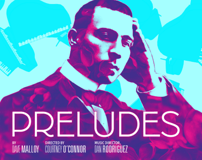 Stylized poster of a man with a guitar and the title 'Preludes'.