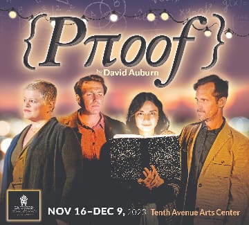 Poster for the play 'Proof' by David Auburn featuring four characters around a glowing book.