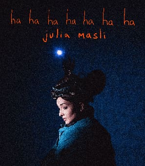 A person in a dark, elaborate hat against a blue background with red text above.