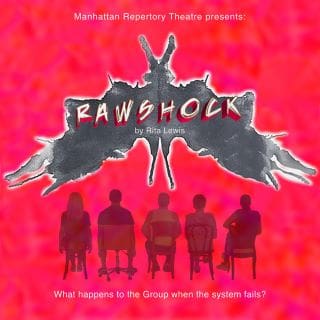 Poster for 'Rawshock' featuring silhouetted figures and a crow-like shape on a red background.
