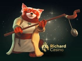 Animated red panda character holding a staff with Richard Casino logo.