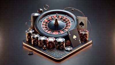 A vintage roulette wheel with dice and playing cards on a dark surface.