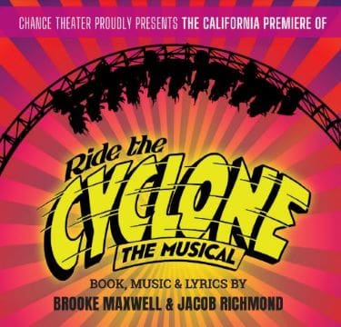 Poster for the musical 'Ride the Cyclone' with a Ferris wheel background.