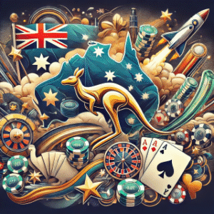 A vibrant collage of Australian symbols and casino elements.