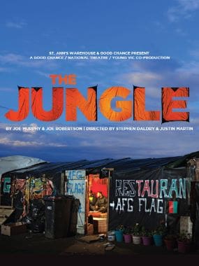 Colorful street food stalls under a bright blue sky with the word 'JUNGLE' in bold orange.
