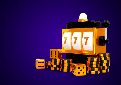 A slot machine shows a winning 777 with dice and poker chips around it.