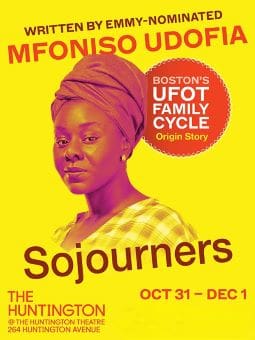 Poster featuring Sojourners with a woman in a headwrap and event details.