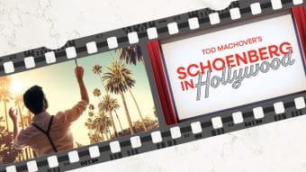 Film strip featuring palm trees and a 'School in Hollywood' title card.