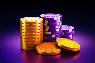 Stacks of colorful poker chips under vibrant lighting.