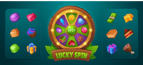 Colorful lucky spin wheel with vibrant icons and a green 'Lucky Spin' banner.