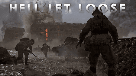 Soldiers advancing on a war-torn battlefield with explosions in the background.