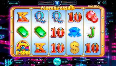Colorful slot machine reels showing various symbols like 10, Q, dollar sign, and gems.