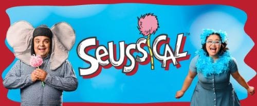 Colorful sign for "Seussical" musical with a whimsical design.