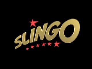 Gold Slingo logo with red stars on black background.