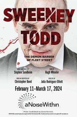 Poster for the play 'Sweeney Todd: The Demon Barber of Fleet Street' with a blood-splattered face.