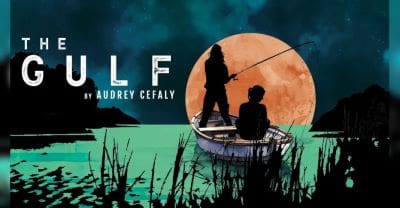 Two people in a boat under a large, orange moon at night.