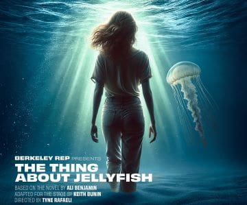 Movie poster of a woman standing underwater with a jellyfish and title about jellyfish.
