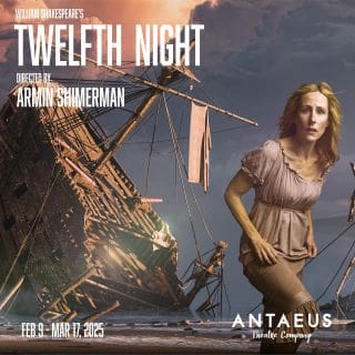 A woman stands near a shipwreck with dramatic lighting in a theatrical poster for Twelfth Night.