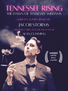 Promotional poster for 'The Dawn of Tennessee Williams' featuring a man smoking.