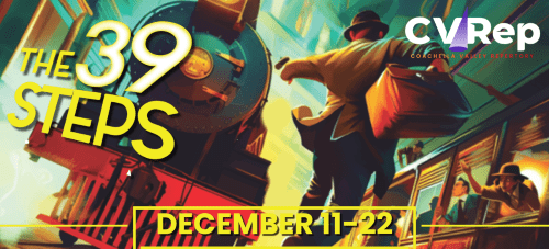 A dynamic scene of a person running beside a steam train with event dates shown.