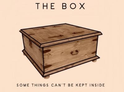 A wooden box with the text 'THE BOX' and caption about keeping things inside.