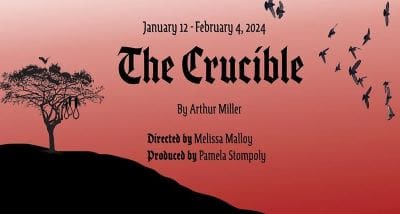 Poster for Arthur Miller's play The Crucible with dates and production credits.