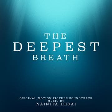 Title card for the film 'The Deepest Breath' with a blue gradient background.