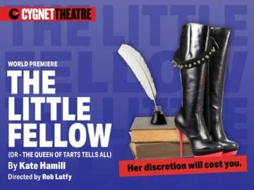 Poster for 'The Little Fellow' play featuring boots, a quill, and a book.