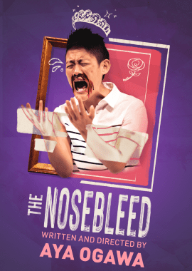 Man with a nosebleed yelling in front of a purple poster.