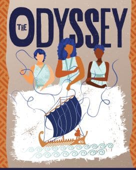 Illustrated cover of "The Odyssey" featuring three women and a ship.