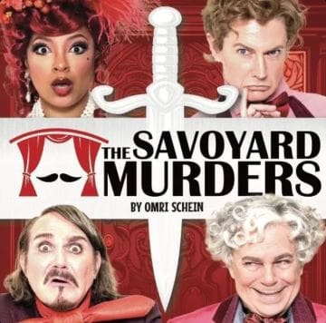 Cast photo for 'The Savoyard Murders' play featuring four actors with a sword graphic.