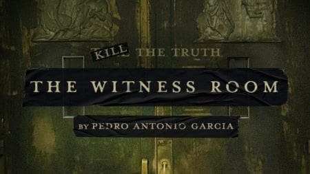 A dark, eerie text panel with phrases about truth and a witness room.