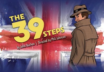 Poster for the play 'The 39 Steps' featuring a man in a hat.