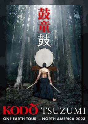 A person stands in a misty forest with a large drum behind them.