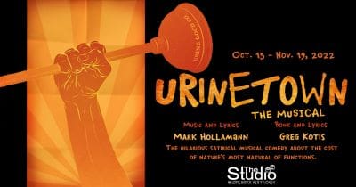 Poster for "Urinetown: The Musical" showing a fist holding a plunger.