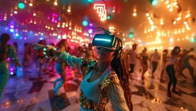 Person wearing VR headset dancing in a vibrant, neon-lit club.