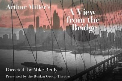 Poster for Arthur Miller's play 'A View from the Bridge' with a city skyline backdrop at sunset.