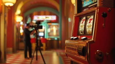 Slot machine in a casino with blurred background of a cameraman and colorful lights.