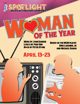 Poster for 'Woman of the Year' musical with bold text and silhouettes of a man and woman.