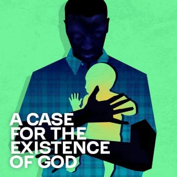 A graphic promoting belief in God with a silhouette holding a child.