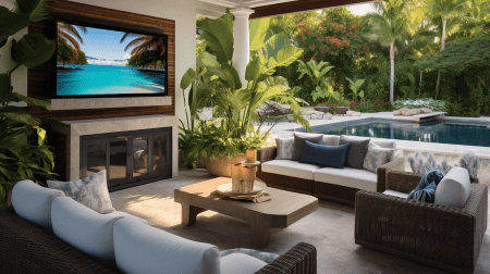 Cozy outdoor lounge with tropical plants and a beach-themed TV screen.