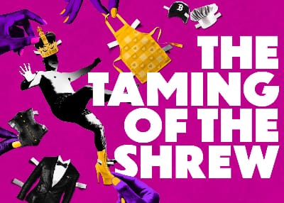 Colorful abstract collage with Dalek and text 'THE TAMING OF THE SHREW'.